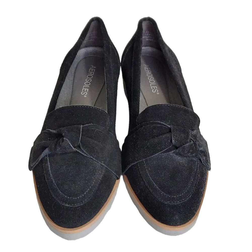 Aerosoles Black Suede Sidewalk Bow Trim Pointed Toe Small Wedge Loafers Slip Ons